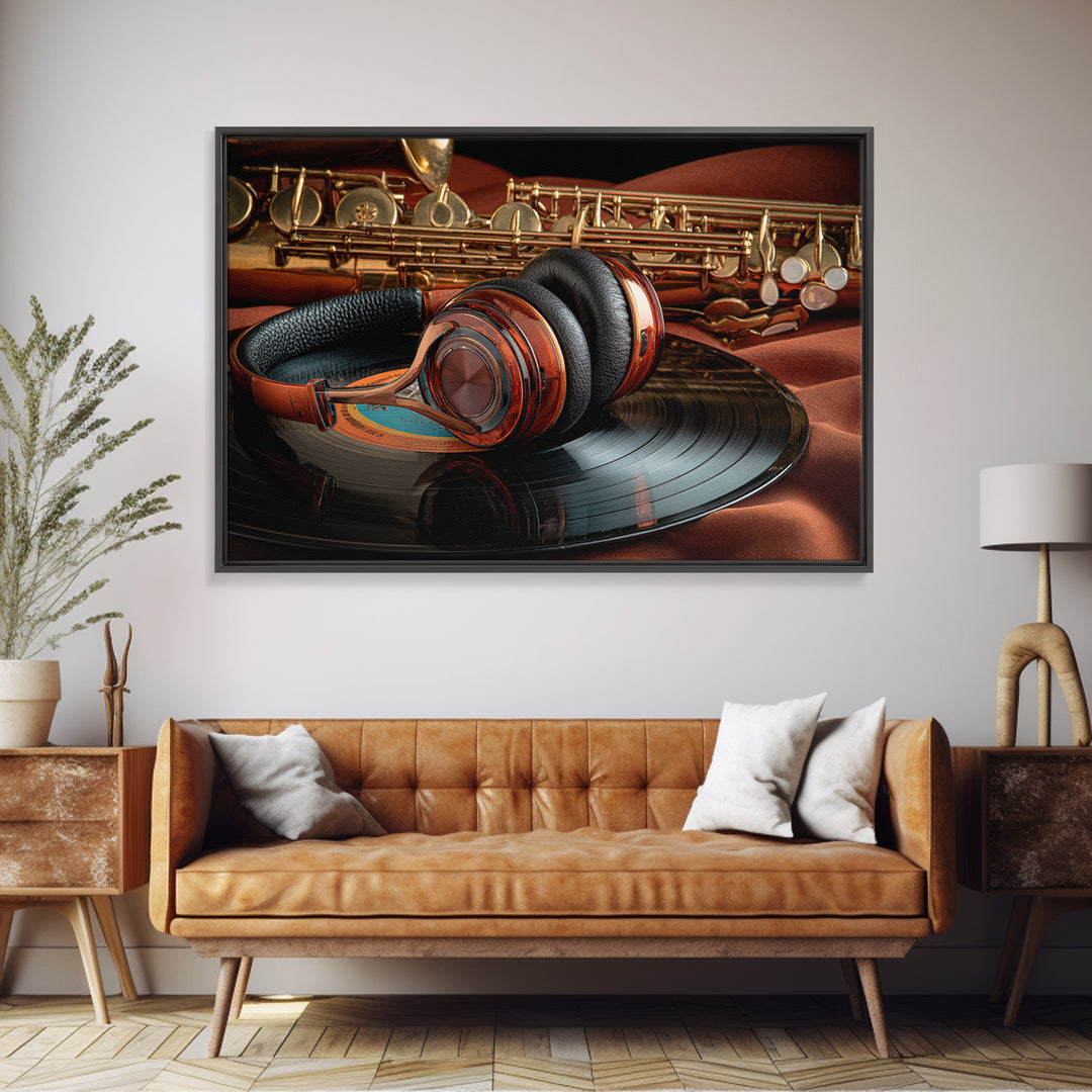 Headphones Resting on a Vinyl Record Framed Canvas Print, Recording Studio Art, Music Decor, Studio Decor, Fine Art, Analog, RSA-3x2-81