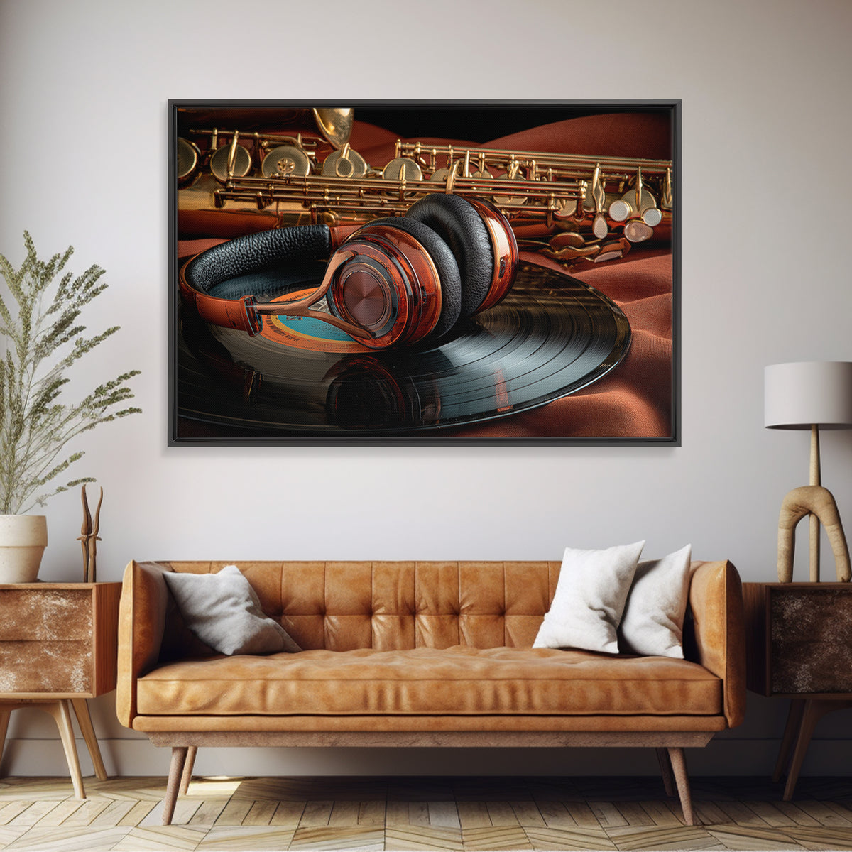 Headphones Resting on a Vinyl Record Framed Canvas Print, Recording Studio Art, Music Decor, Studio Decor, Fine Art, Analog, RSA-3x2-81