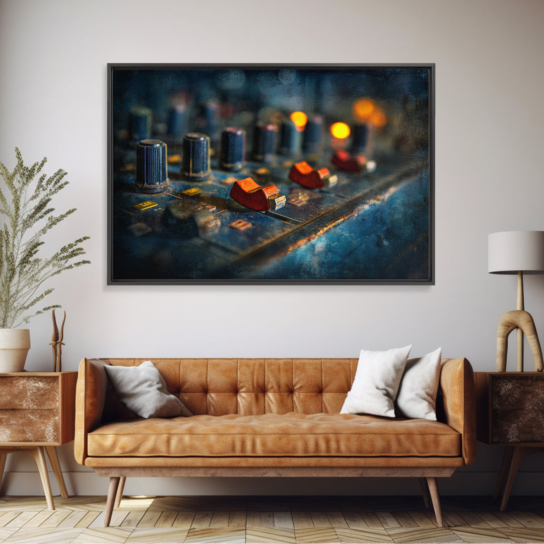 Mixing Console Faders Framed Canvas Print, Recording Studio Art, Black and White Art, Studio Decor, Oil Painting, Analog, RSA-3x2-82