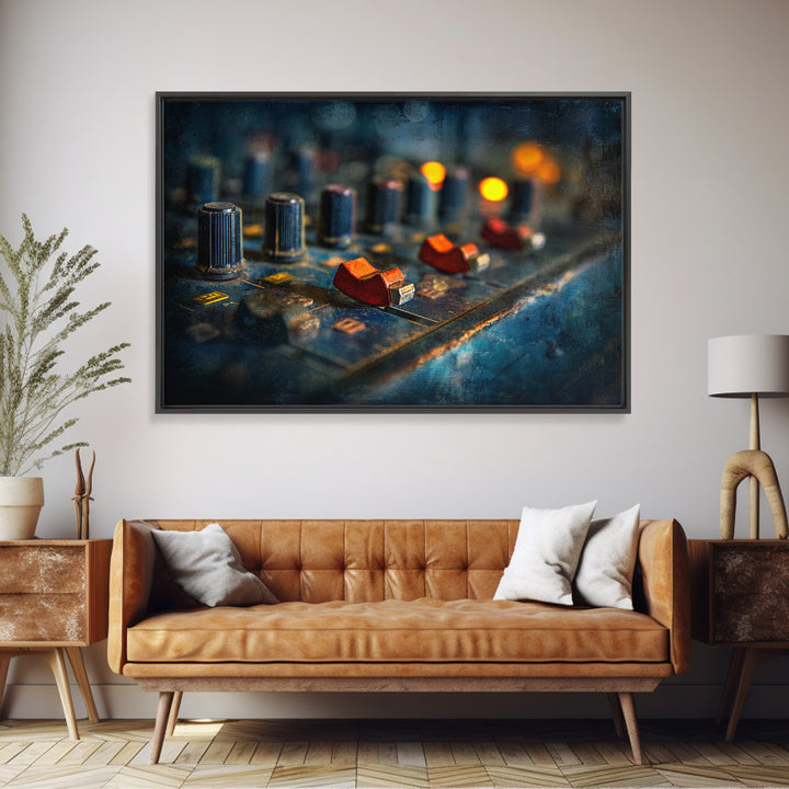 Mixing Console Faders Framed Canvas Print, Recording Studio Art, Black and White Art, Studio Decor, Oil Painting, Analog, RSA-3x2-82