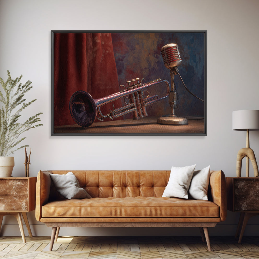 Jazz Trumpet and Microphone Still Life Canvas Print, Recording Studio Art, Neutral Decor, Studio Decor, Fine Art, Analog, RSA-3x2-83