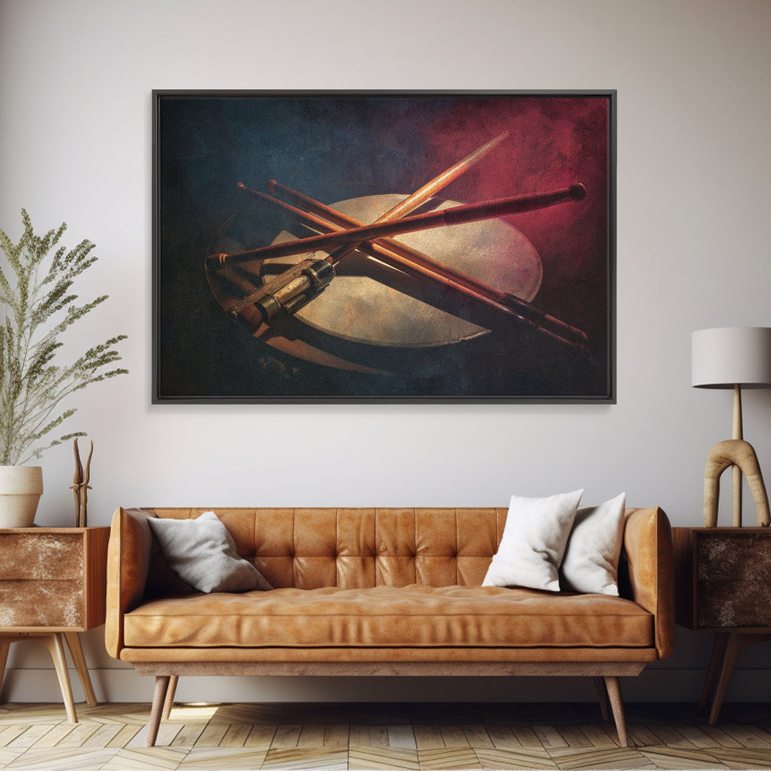 Drumsticks Crossed over Snare Drum Framed Canvas Print, Recording Studio Art, Music Posters, Studio Decor, Fine Art, Analog, RSA-3x2-86