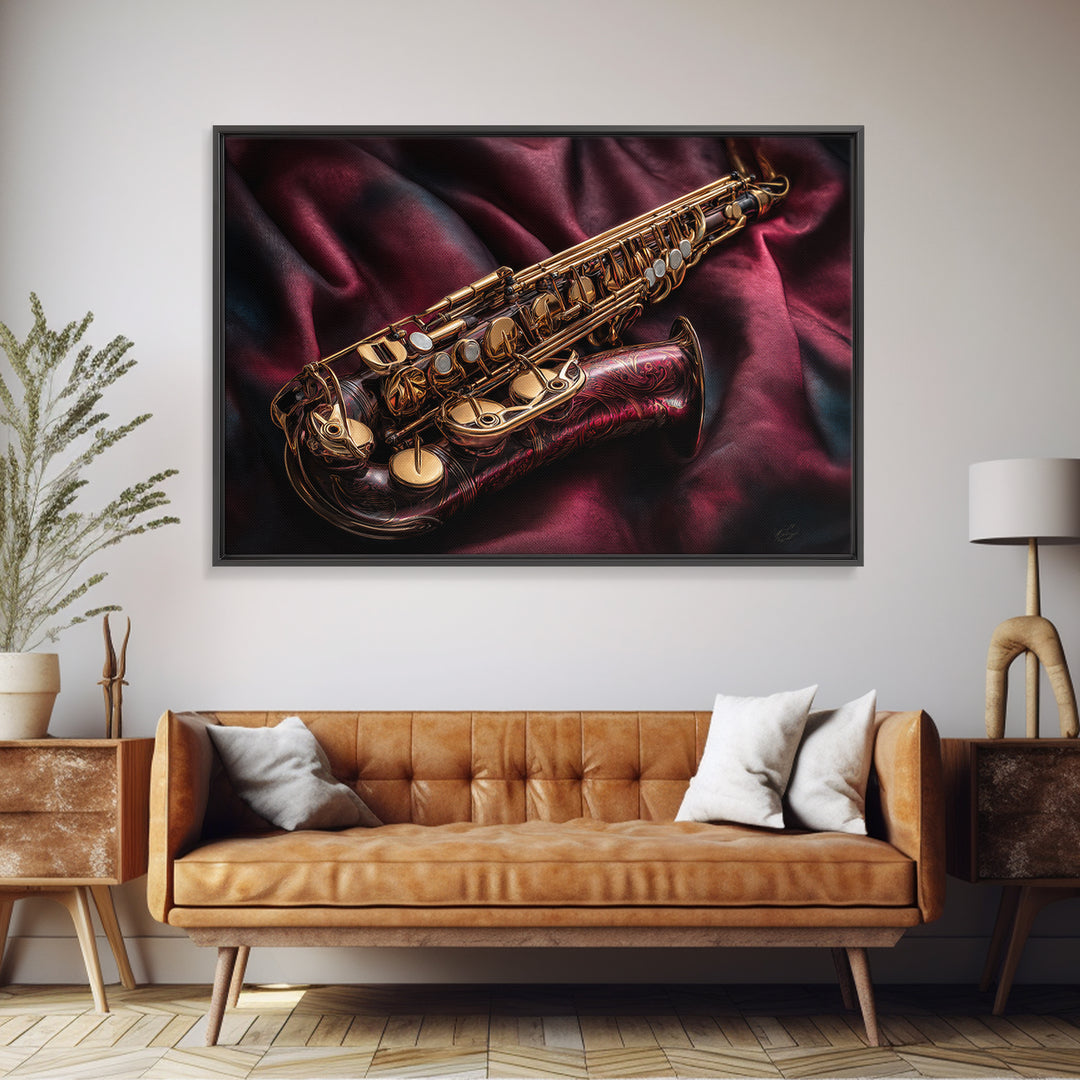 Brass Saxophone on Dark Velvet Framed Canvas Print, Recording Studio Art, Music Room Decor, Studio Decor, Fine Art, Analog, RSA-3x2-92