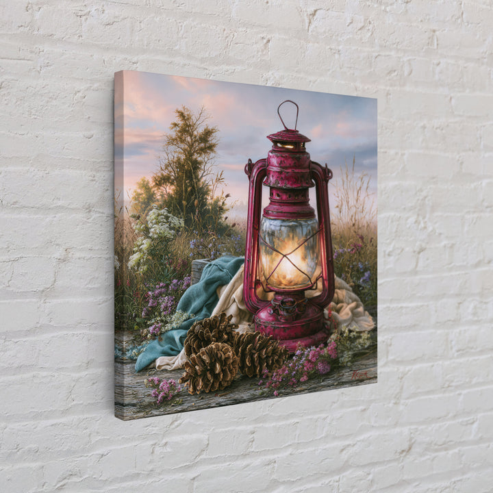 Rustic Lantern Glowing Beside Pinecones Framed Canvas Print, Rustic Art, Gallery Wall Set, Farmhouse Decor, Watercolor Art, RUS-1x1-100