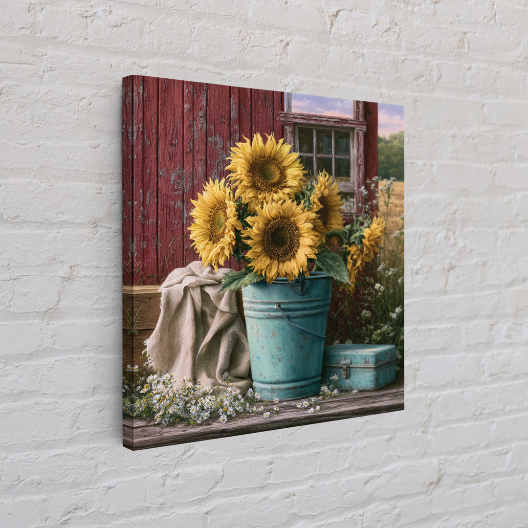 Sunflowers in a Metal Bucket Framed Canvas Print, Rustic Art, Painting, Farmhouse Decor, Oil Painting, Rustic, Boho Wall Art, RUS-1x1-12