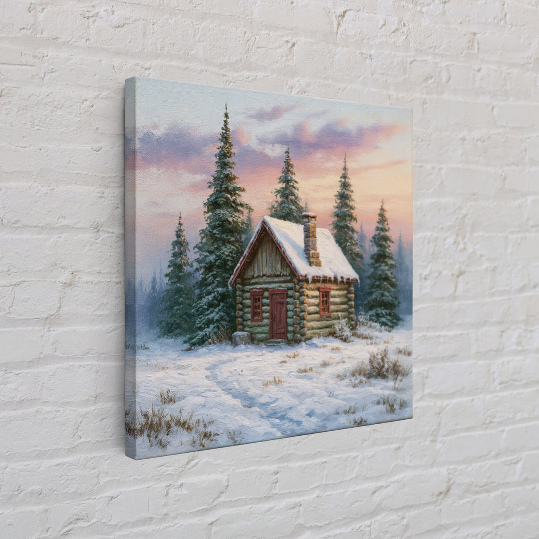 Log Cabin with Snowy Pines Canvas Print, Rustic Art, Farmhouse Decor, Oil Painting, Rustic, Gallery Wall Art, RUS-1x1-15