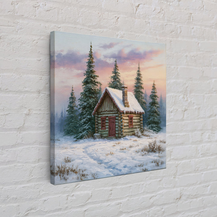 Log Cabin with Snowy Pines Canvas Print, Rustic Art, Farmhouse Decor, Oil Painting, Rustic, Gallery Wall Art, RUS-1x1-15