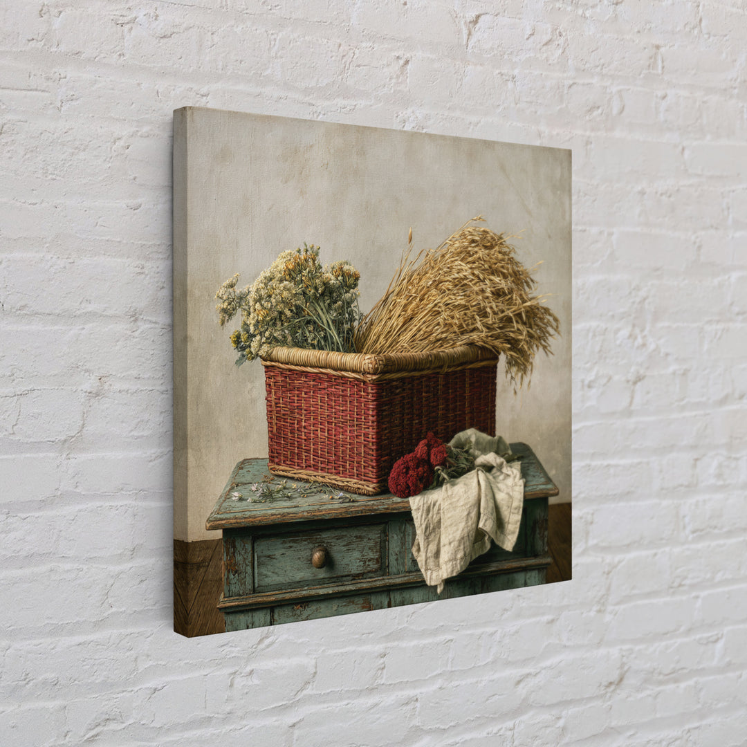 Handwoven Basket with Dried Grasses Framed Canvas Print, Rustic Art, Farmhouse Wall Art, Farmhouse Decor, Watercolor Art, RUS-1x1-24