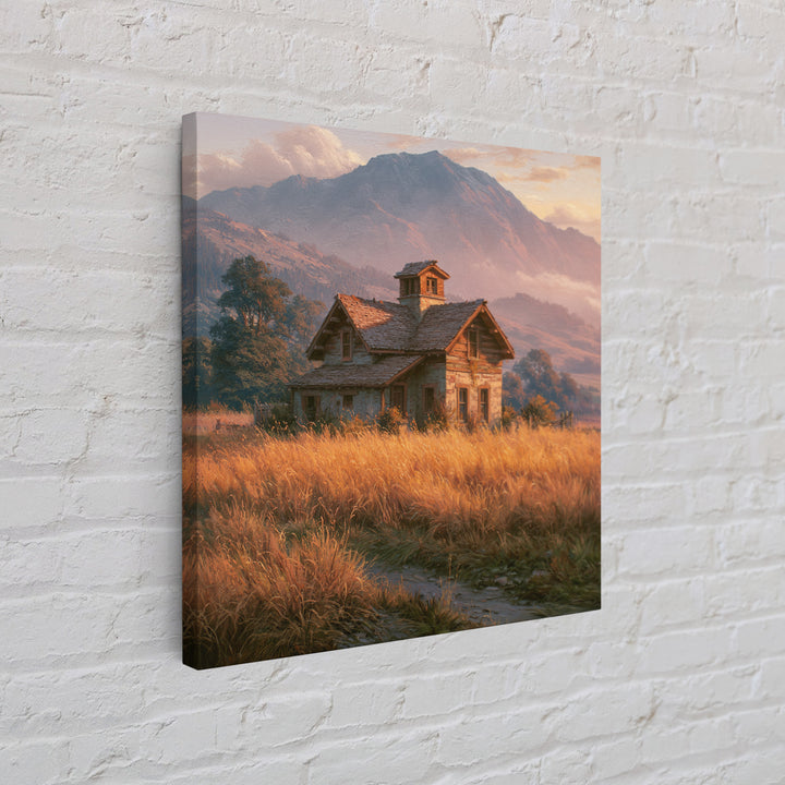 Mountain Cabin Landscape Framed Canvas Print, Rustic Art, Boho Wall Art, Farmhouse Decor, Oil Painting, Rustic, RUS-1x1-27