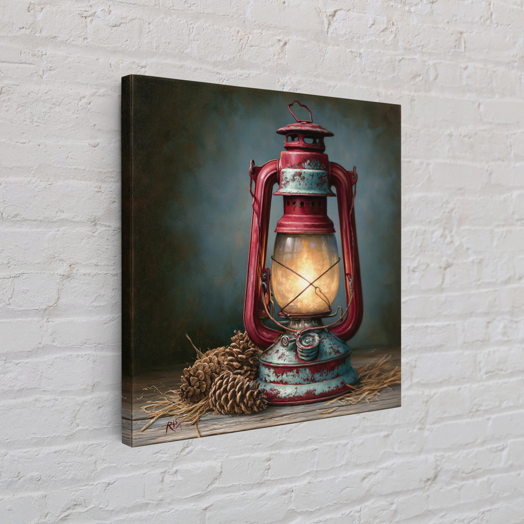 Rustic Lantern Glowing Beside Pinecones Framed Canvas Print, Rustic Art, Farmhouse Decor, Oil Painting, Rustic, RUS-1x1-28