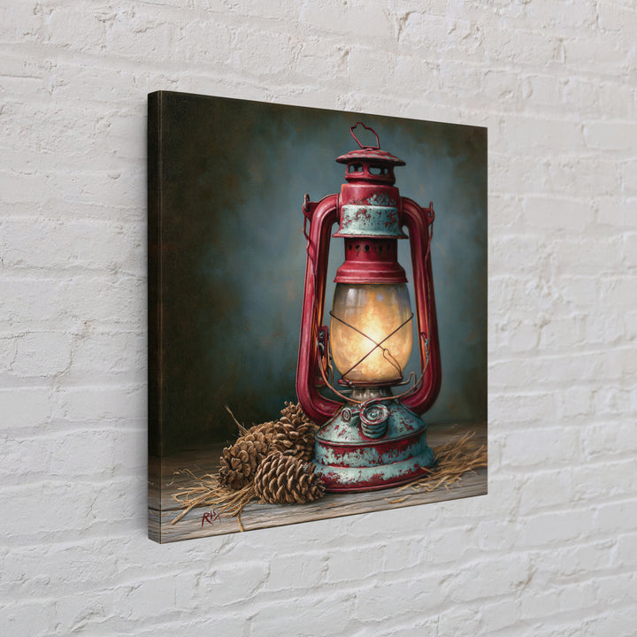 Rustic Lantern Glowing Beside Pinecones Framed Canvas Print, Rustic Art, Farmhouse Decor, Oil Painting, Rustic, RUS-1x1-28