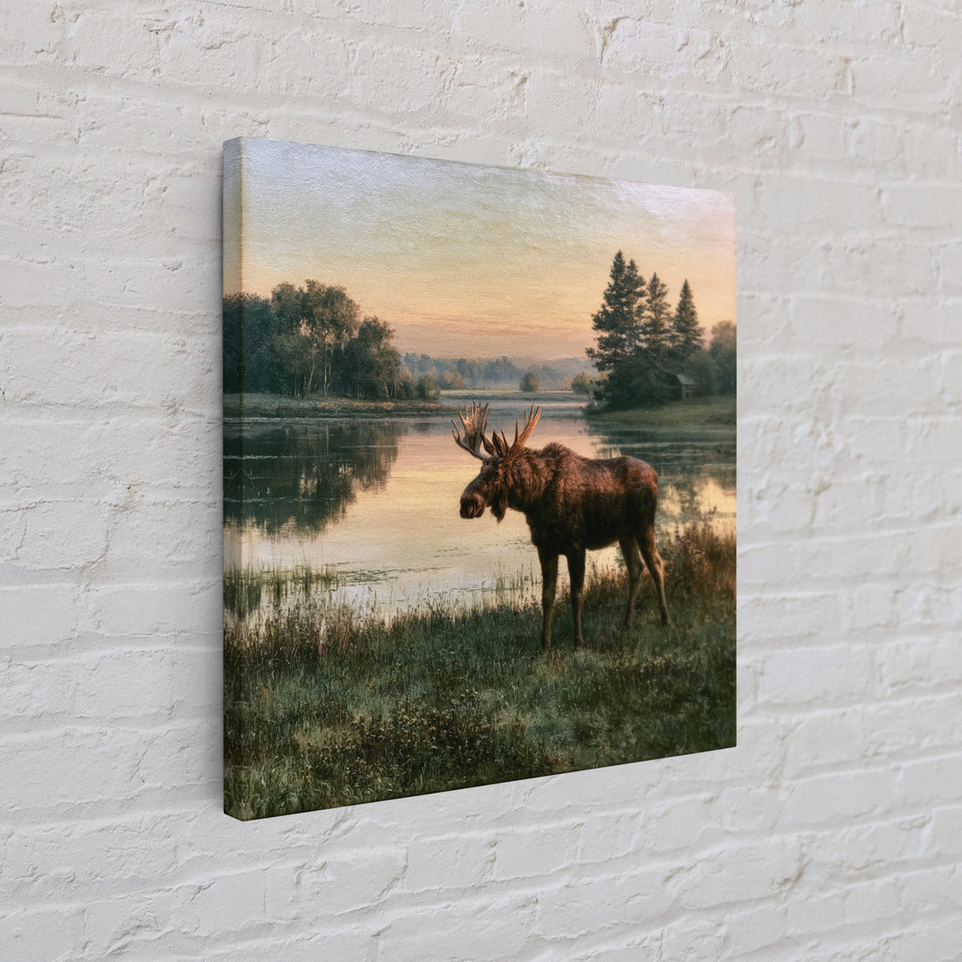 Moose Standing by a Quiet Lake Framed Canvas Print, Rustic Art, Fine Art Print, Farmhouse Decor, Fine Art, Rustic, Painting, RUS-1x1-33