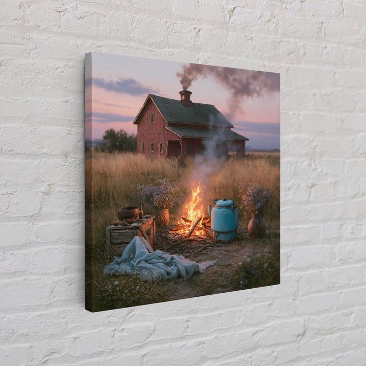 Campfire under a Starry Sky Framed Canvas Print, Rustic Art, Landscape Wall Art, Farmhouse Decor, Watercolor Art, Rustic, RUS-1x1-34