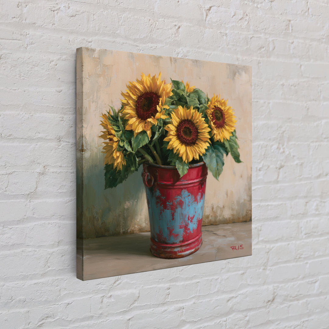 Sunflowers in a Metal Bucket Canvas Print, Rustic Art, Farmhouse Decor, Watercolor Art, Rustic, Landscape Painting, RUS-1x1-36