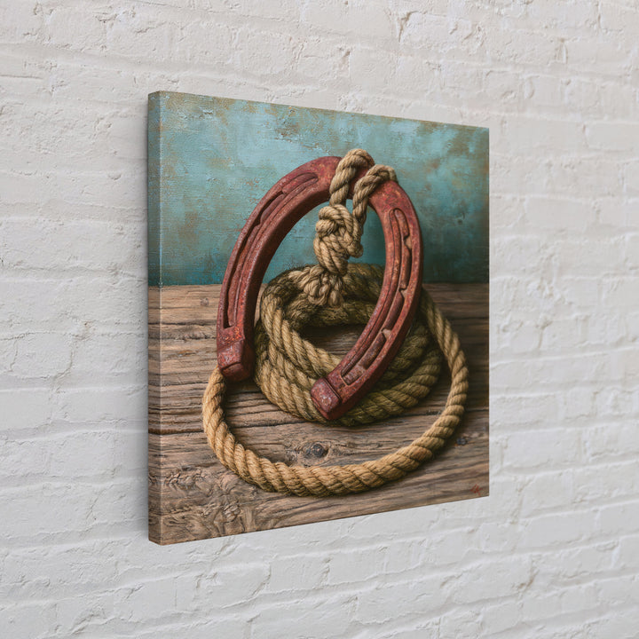 Rusty Horseshoe and Rope Composition Framed Canvas Print, Rustic Art, Gallery Wall Set, Farmhouse Decor, Oil Painting, Rustic, RUS-1x1-37