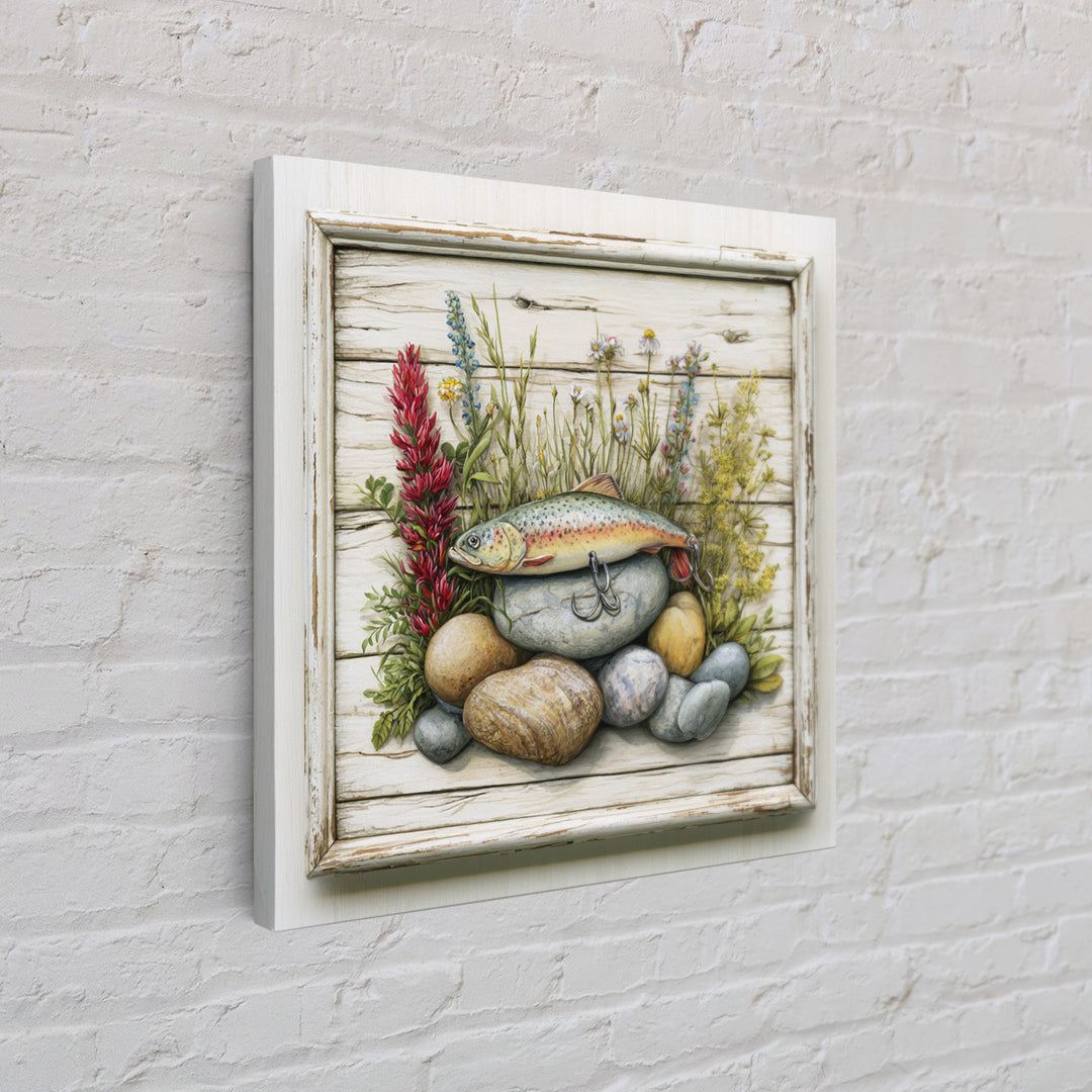 Trout Fishing Lure and River Stones Framed Canvas Print, Rustic Art, Landscape Art, Farmhouse Decor, Fine Art, Rustic, RUS-1x1-38