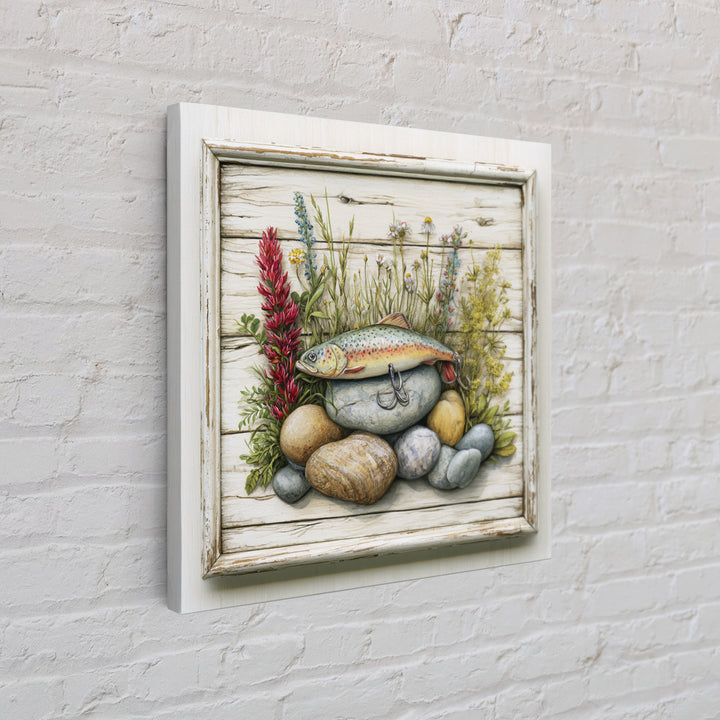 Trout Fishing Lure and River Stones Framed Canvas Print, Rustic Art, Landscape Art, Farmhouse Decor, Fine Art, Rustic, RUS-1x1-38
