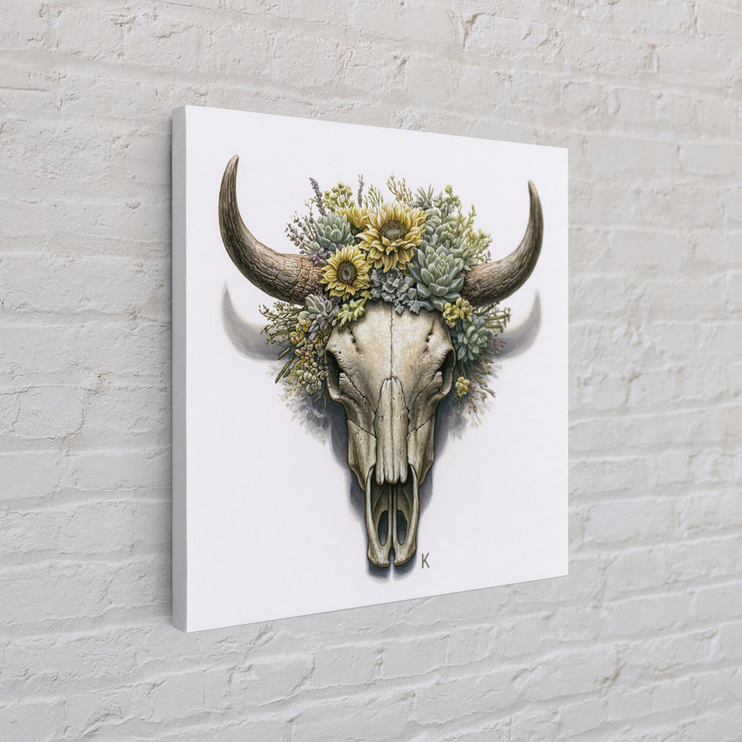 Cow Skull with Desert Flowers Framed Canvas Print, Rustic Art, Gallery Decor, Farmhouse Decor, Oil Painting, Rustic, RUS-1x1-41