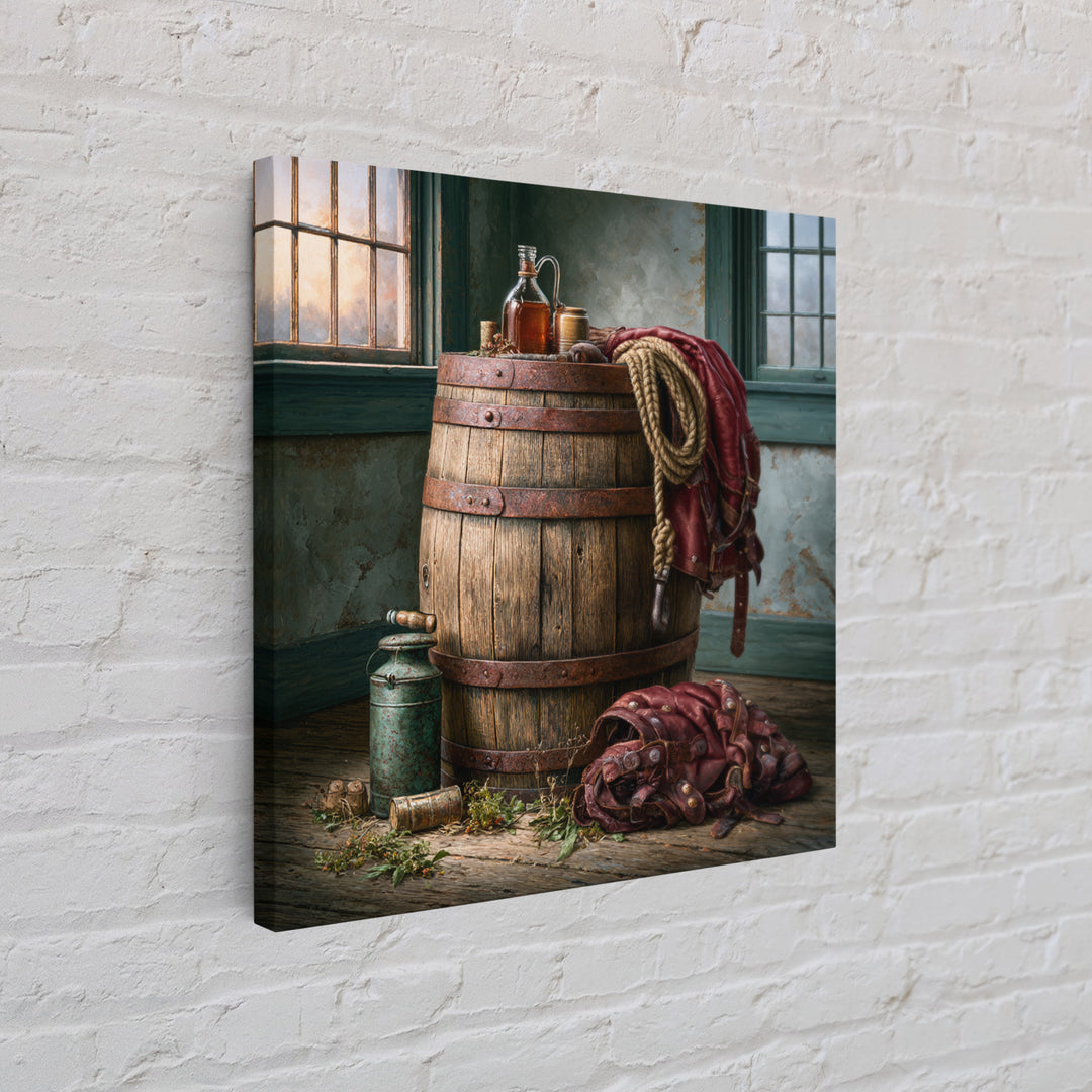 Whiskey Barrel and Leather Still Life Framed Canvas Print, Rustic Art, Wood Art, Farmhouse Decor, Oil Painting, Rustic, RUS-1x1-43