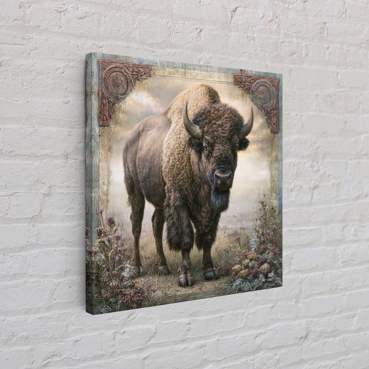 Buffalo Portrait with Western Texture Framed Canvas Print, Rustic Art, Farmhouse Wall Art, Farmhouse Decor, Fine Art, Rustic, RUS-1x1-46