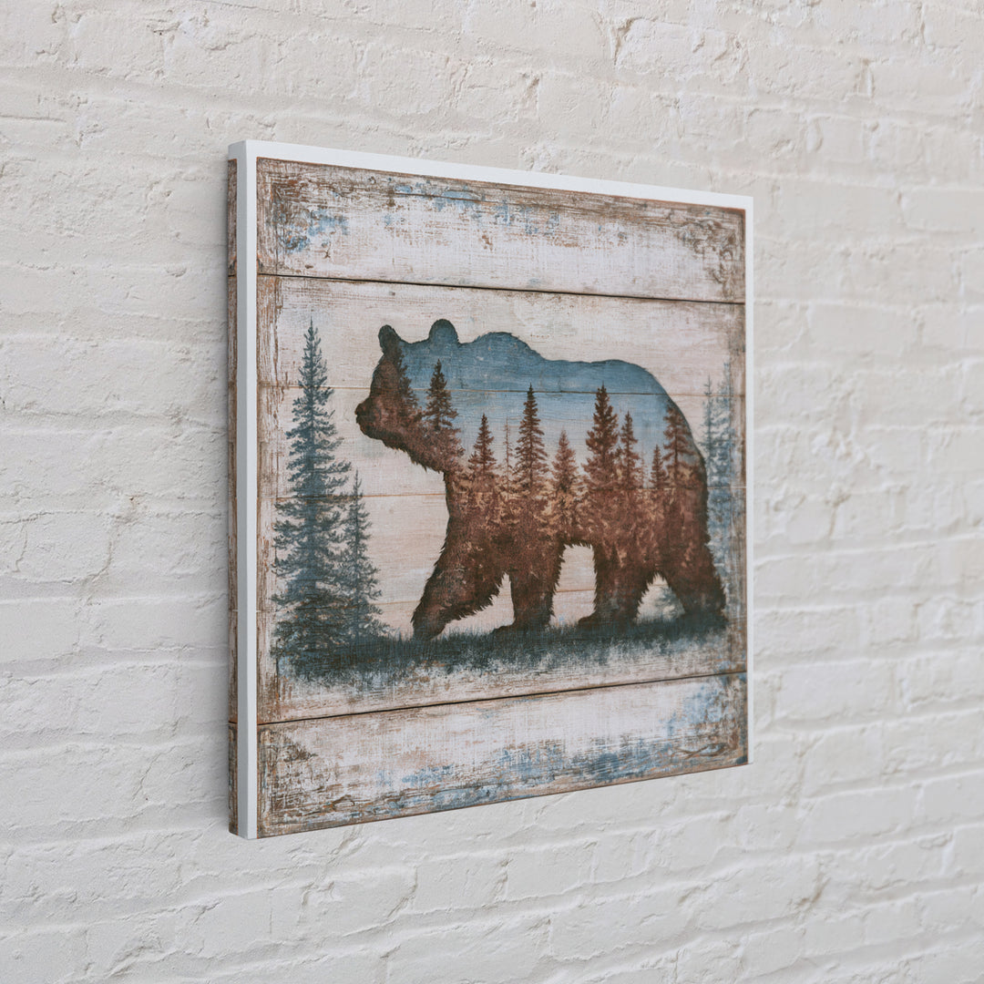 Bear Silhouette Among Pine Trees Canvas Print, Rustic Art, Downloadable Art, Farmhouse Decor, Watercolor Art, Rustic, RUS-1x1-55