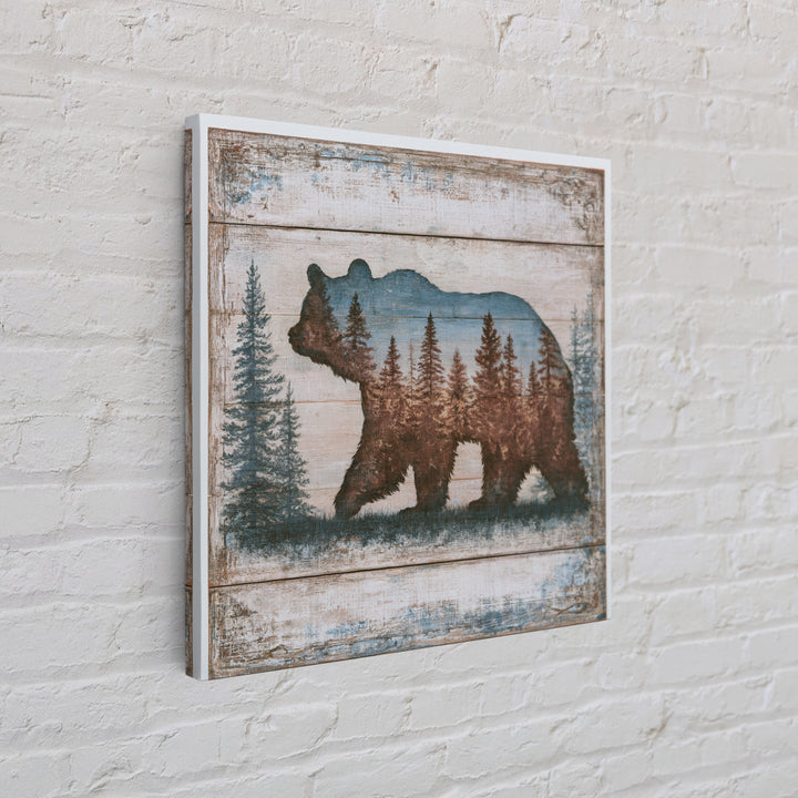 Bear Silhouette Among Pine Trees Canvas Print, Rustic Art, Downloadable Art, Farmhouse Decor, Watercolor Art, Rustic, RUS-1x1-55