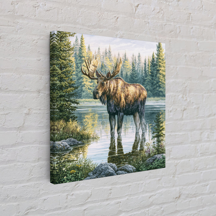 Moose Standing by a Quiet Lake Framed Canvas Print, Rustic Art, Fine Art Print, Farmhouse Decor, Fine Art, Rustic, Painting, RUS-1x1-57