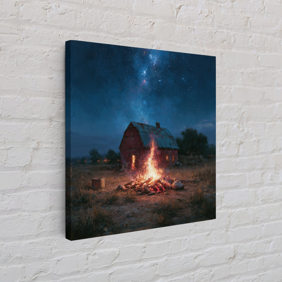 Campfire under a Starry Sky Framed Canvas Print, Rustic Art, Landscape Wall Art, Farmhouse Decor, Watercolor Art, Rustic, RUS-1x1-58