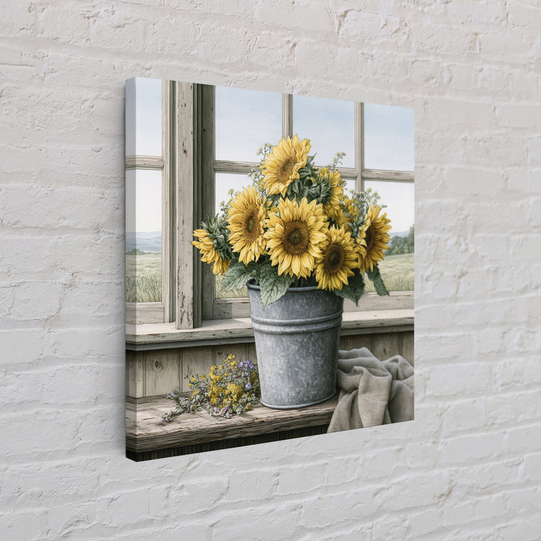 Sunflowers in a Metal Bucket Canvas Print, Rustic Art, Modern Art, Farmhouse Decor, Rustic, Neutral Decor, Modern Decor, RUS-1x1-60