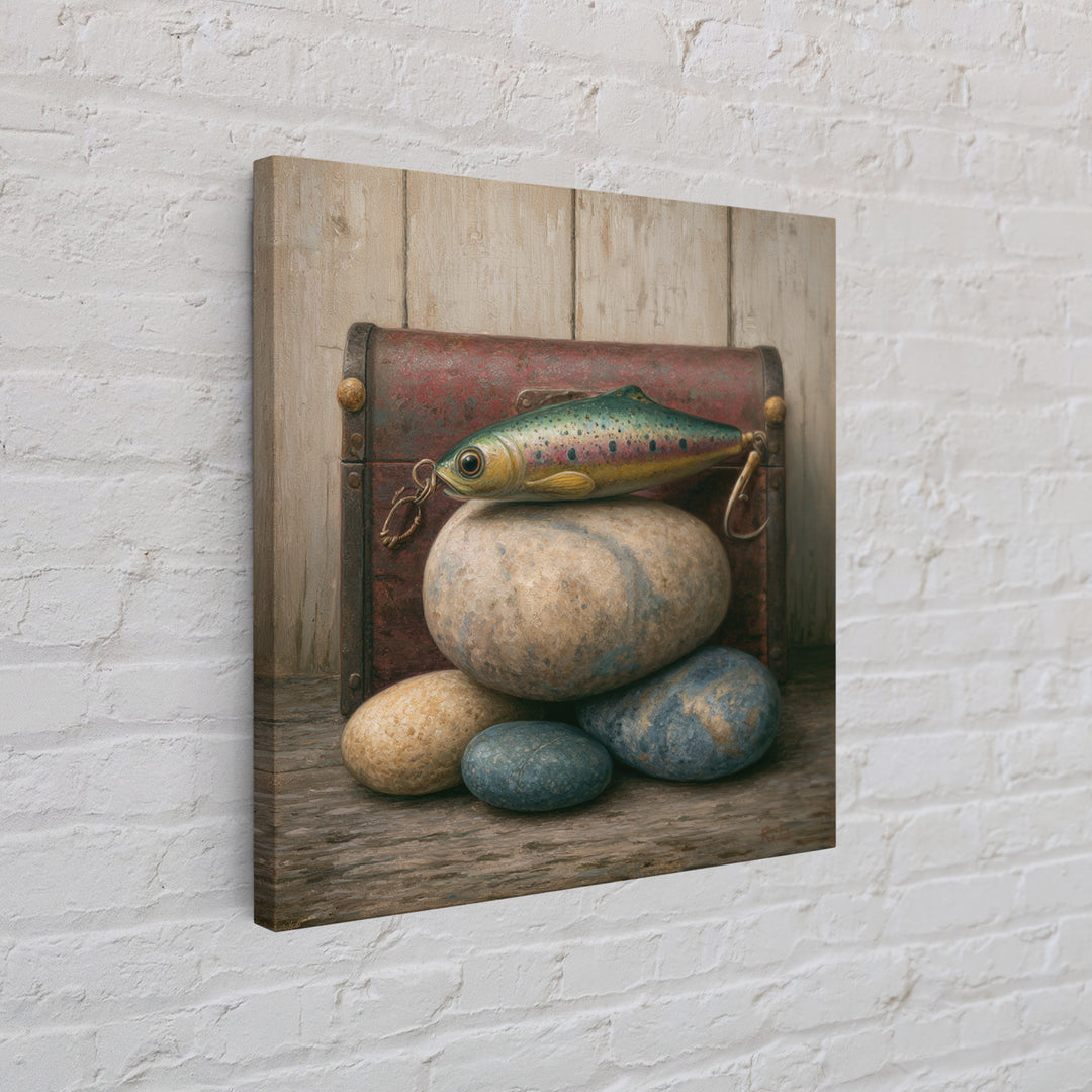 Trout Fishing Lure and River Stones Framed Canvas Print, Rustic Art, Landscape Art, Farmhouse Decor, Fine Art, Rustic, RUS-1x1-62
