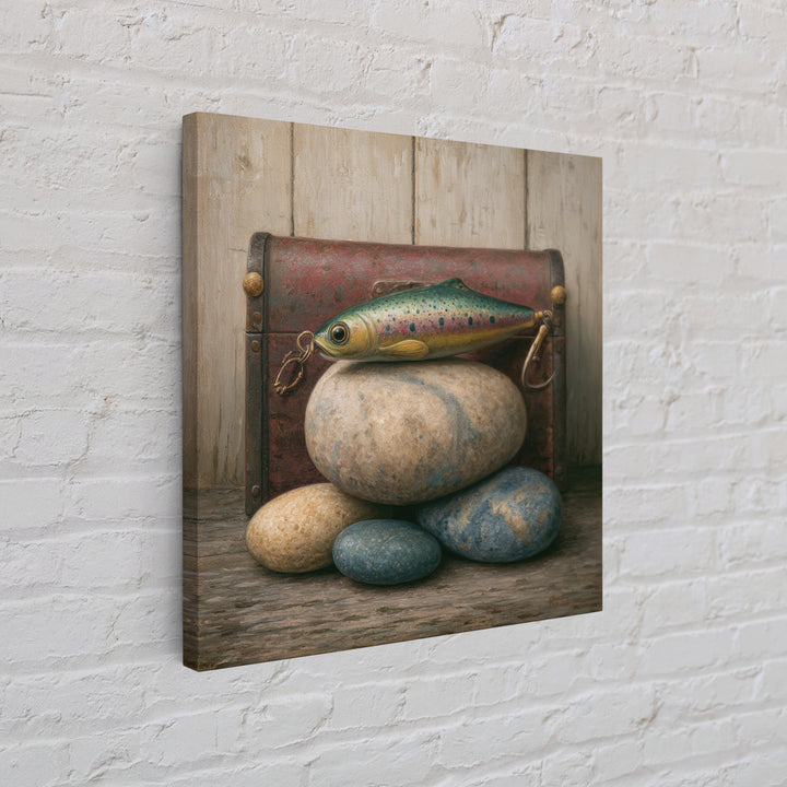 Trout Fishing Lure and River Stones Framed Canvas Print, Rustic Art, Landscape Art, Farmhouse Decor, Fine Art, Rustic, RUS-1x1-62