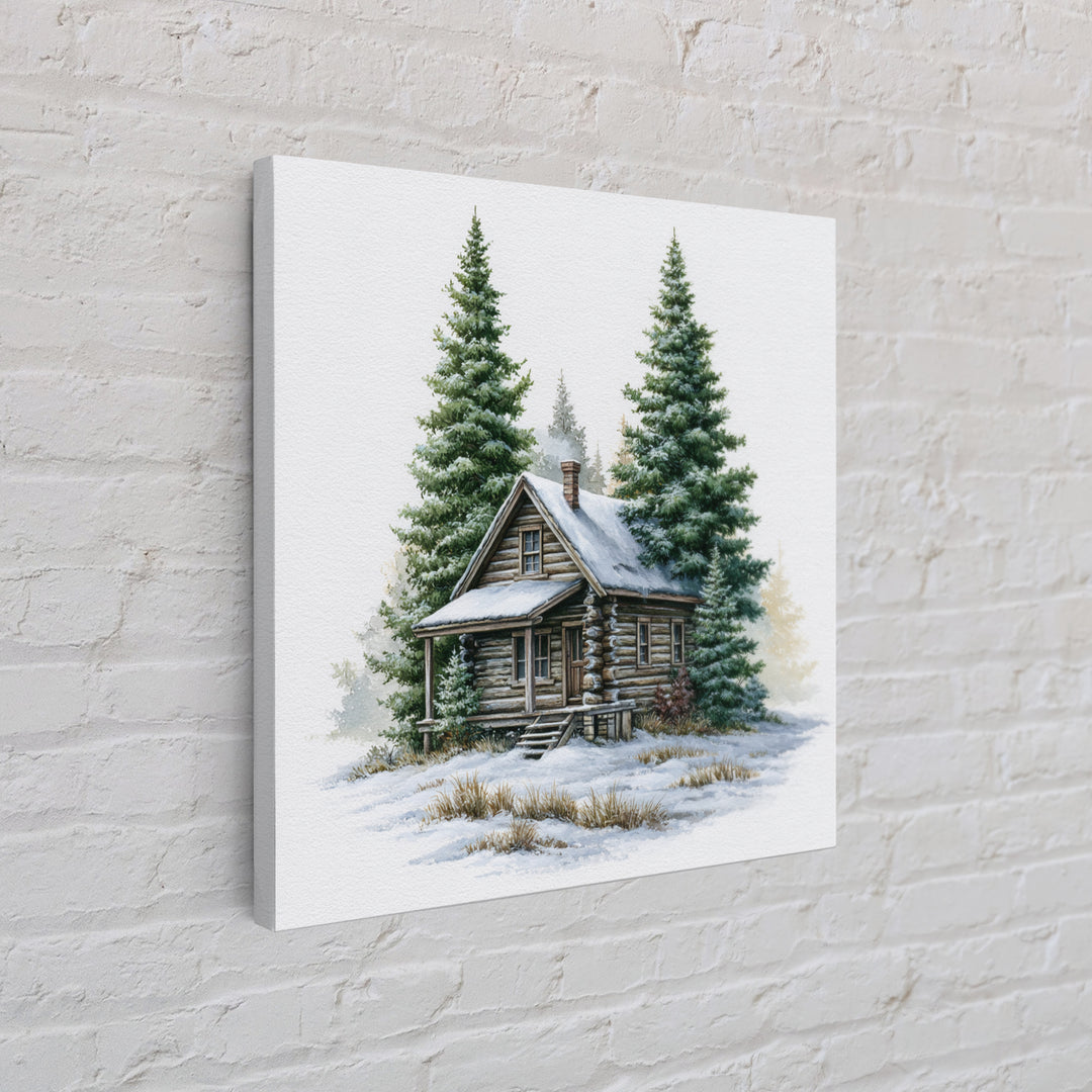 Log Cabin with Snowy Pines Framed Canvas Print, Rustic Art, Gallery Wall Set, Farmhouse Decor, Rustic, Minimalist Decor, RUS-1x1-63