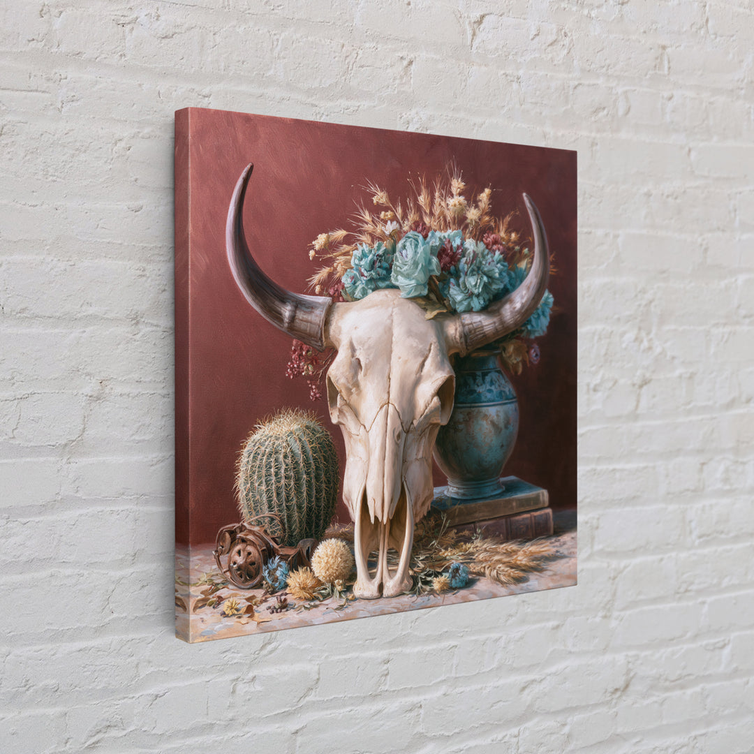 Cow Skull with Desert Flowers Framed Canvas Print, Rustic Art, Gallery Decor, Farmhouse Decor, Oil Painting, Rustic, RUS-1x1-65
