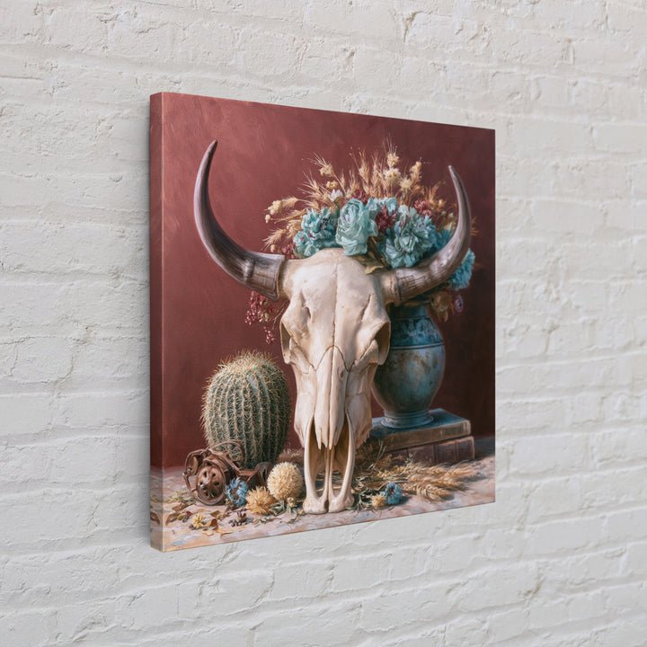 Cow Skull with Desert Flowers Framed Canvas Print, Rustic Art, Gallery Decor, Farmhouse Decor, Oil Painting, Rustic, RUS-1x1-65