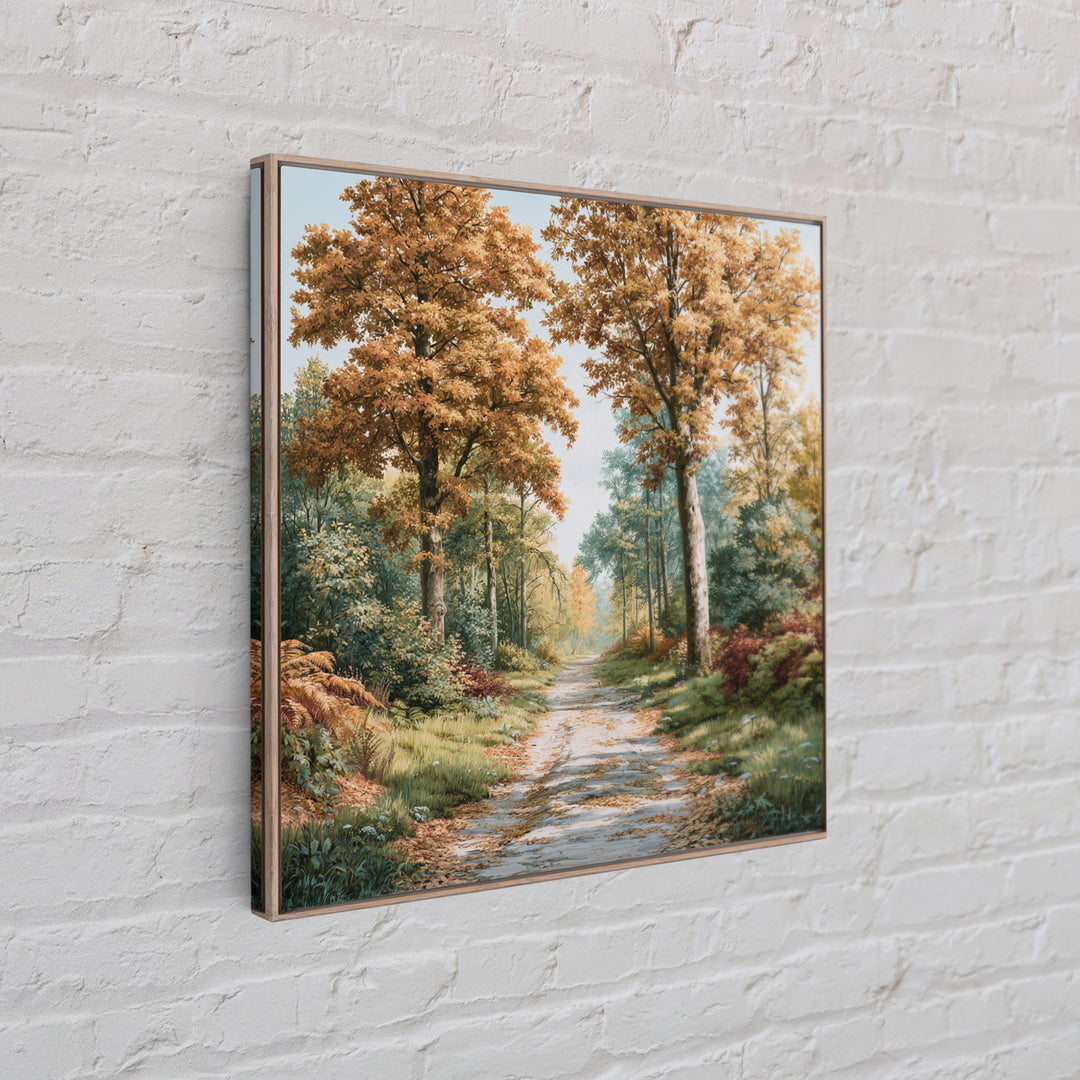 Forest Path with Golden Autumn Leaves Framed Canvas Print, Rustic Art, Eclectic Wall Art, Farmhouse Decor, Fine Art, Rustic, RUS-1x1-66