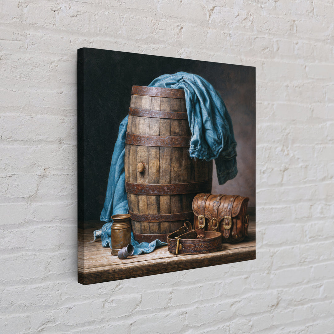 Whiskey Barrel and Leather Still Life Framed Canvas Print, Rustic Art, Gallery Decor, Farmhouse Decor, Fine Art, Rustic, RUS-1x1-67
