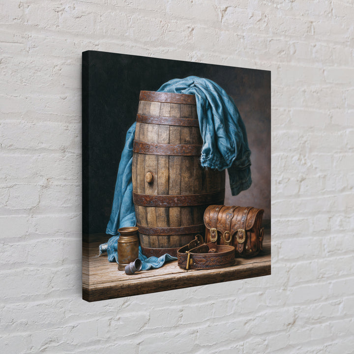 Whiskey Barrel and Leather Still Life Framed Canvas Print, Rustic Art, Gallery Decor, Farmhouse Decor, Fine Art, Rustic, RUS-1x1-67