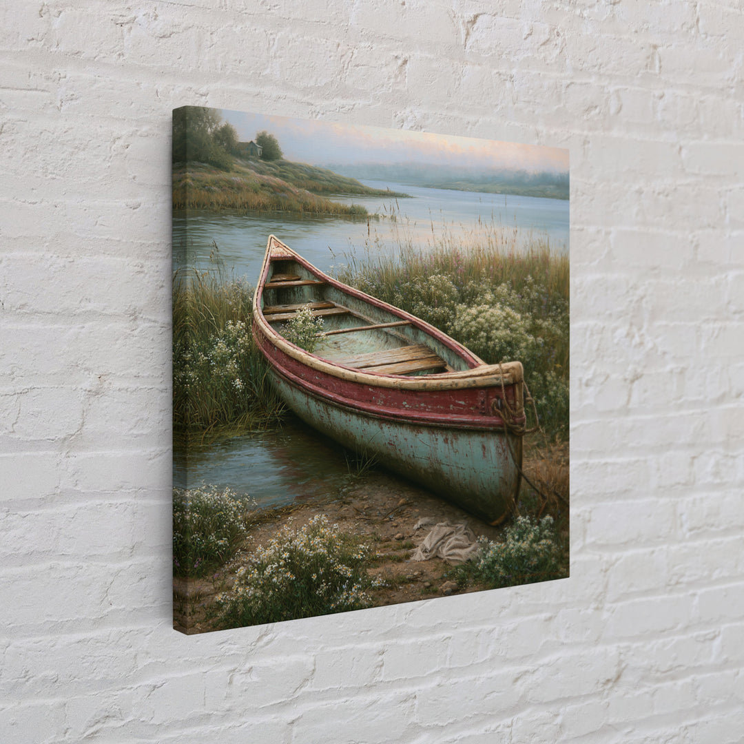 Old Canoe Pulled Onto a Lake Shore Framed Canvas Print, Rustic Art, Eclectic Wall Art, Farmhouse Decor, Oil Painting, Rustic, RUS-1x1-68