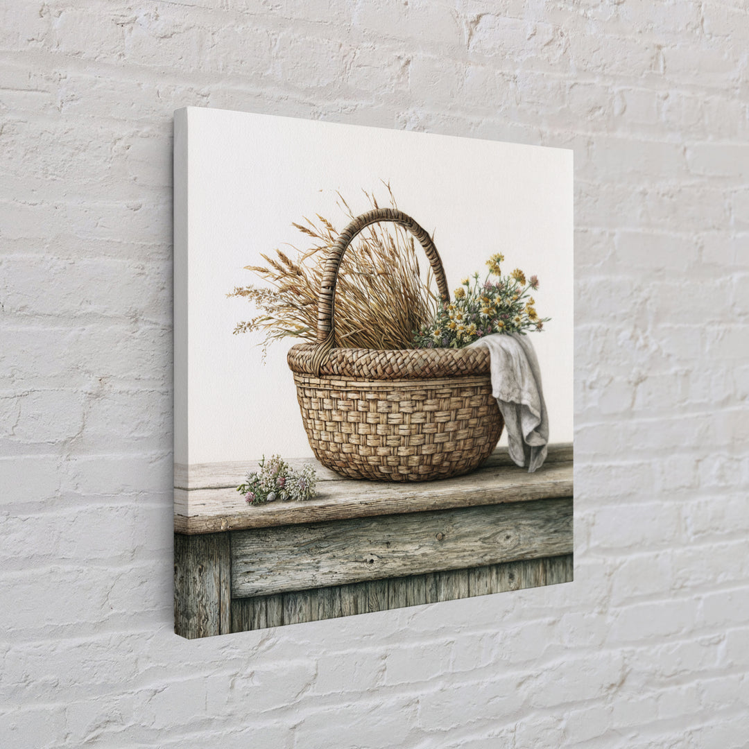 Handwoven Basket with Dried Grasses Framed Canvas Print, Rustic Art, Gallery Wall Art, Farmhouse Decor, Abstract Art, Rustic, RUS-1x1-72