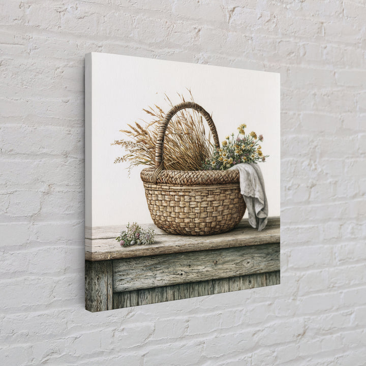Handwoven Basket with Dried Grasses Framed Canvas Print, Rustic Art, Gallery Wall Art, Farmhouse Decor, Abstract Art, Rustic, RUS-1x1-72