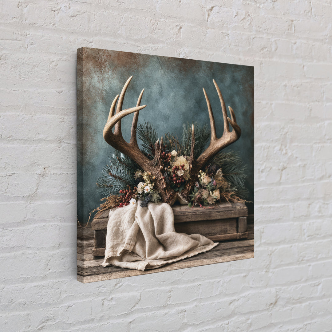 Deer Antlers with Pine Branches and Berries Framed Canvas Print, Rustic Art, Gallery Wall Set, Farmhouse Decor, Watercolor Art, RUS-1x1-74
