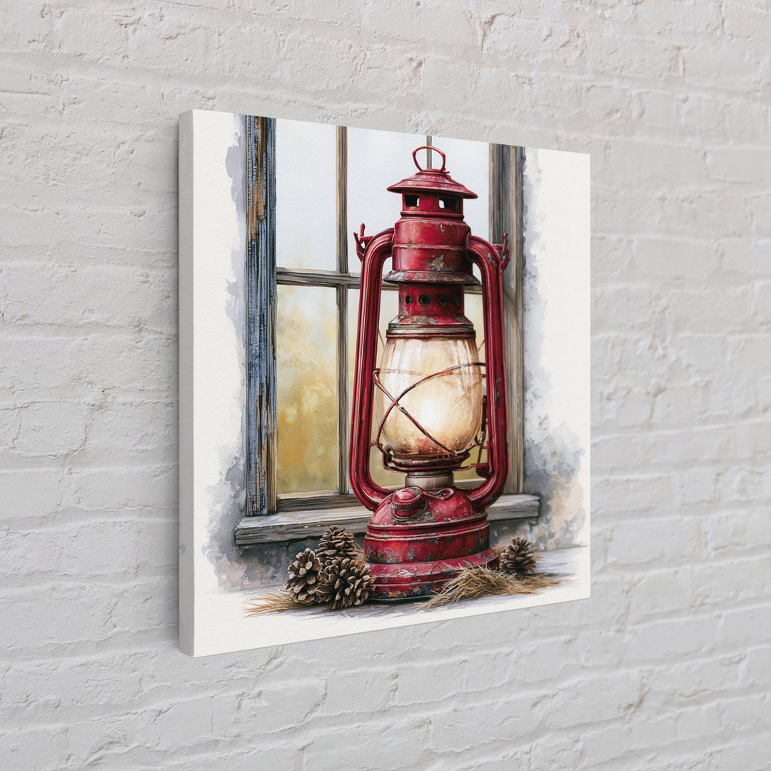 Rustic Lantern Glowing Beside Pinecones Canvas Print, Rustic Art, Portrait Painting, Farmhouse Decor, Fine Art, Rustic, RUS-1x1-76