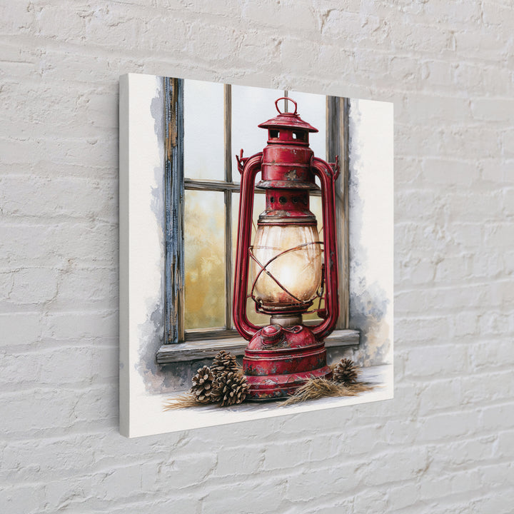 Rustic Lantern Glowing Beside Pinecones Canvas Print, Rustic Art, Portrait Painting, Farmhouse Decor, Fine Art, Rustic, RUS-1x1-76