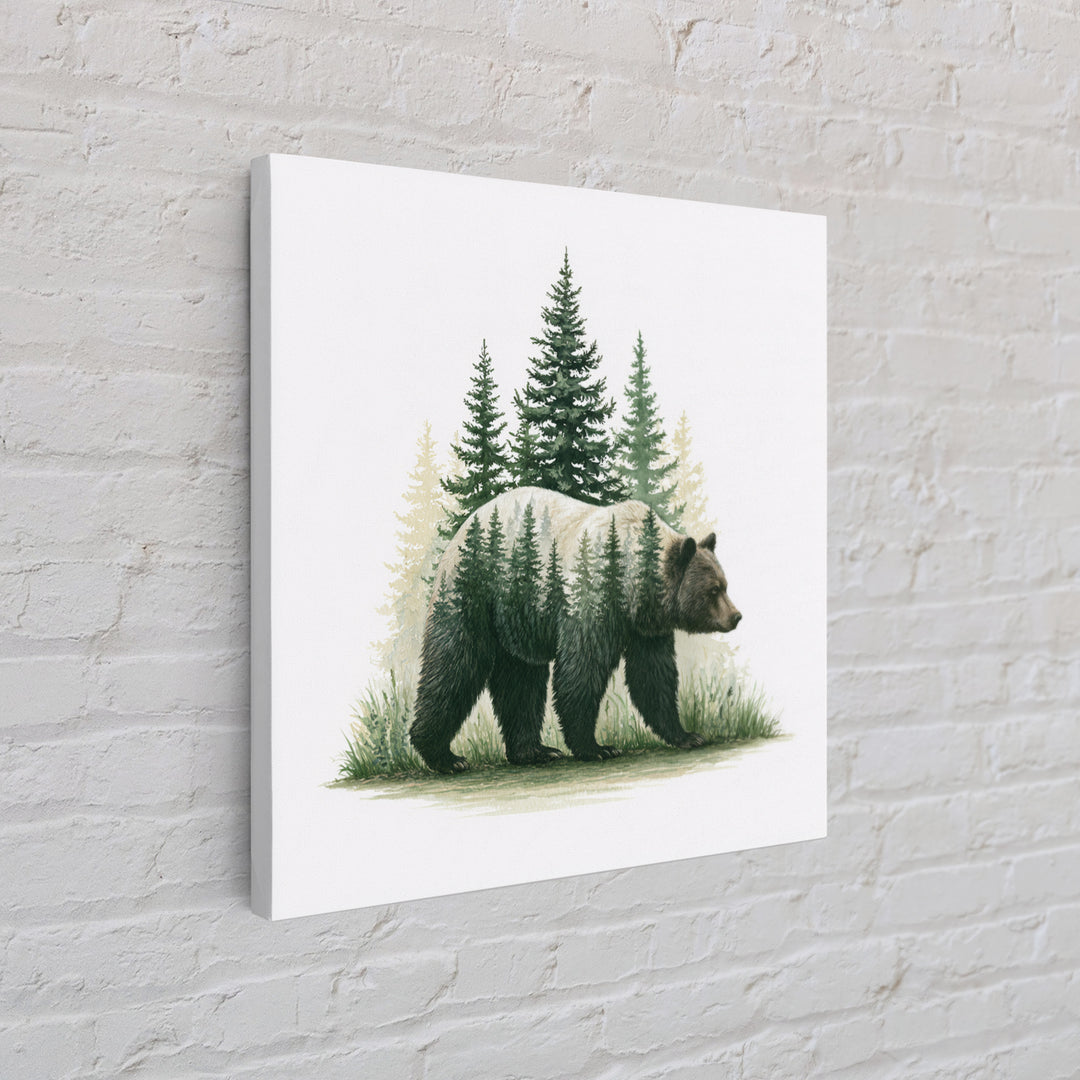 Bear Silhouette Among Pine Trees Framed Canvas Print, Rustic Art, Modern Decor, Farmhouse Decor, Oil Painting, Rustic, RUS-1x1-79