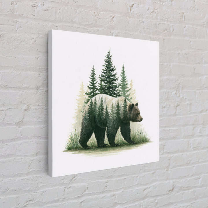 Bear Silhouette Among Pine Trees Framed Canvas Print, Rustic Art, Modern Decor, Farmhouse Decor, Oil Painting, Rustic, RUS-1x1-79
