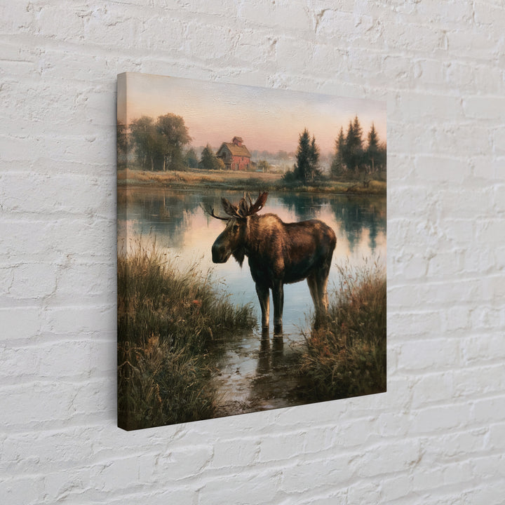 Moose Standing by a Quiet Lake Canvas Print, Rustic Art, Textured Painting, Farmhouse Decor, Oil Painting, Rustic, RUS-1x1-81