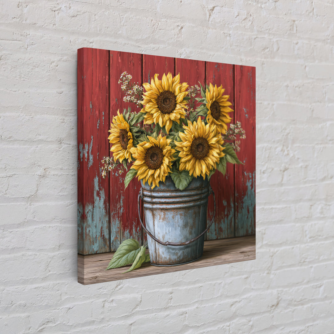 Sunflowers in a Metal Bucket Framed Canvas Print, Rustic Art, Landscape Wall Art, Farmhouse Decor, Rustic, Luxury Decor, RUS-1x1-84