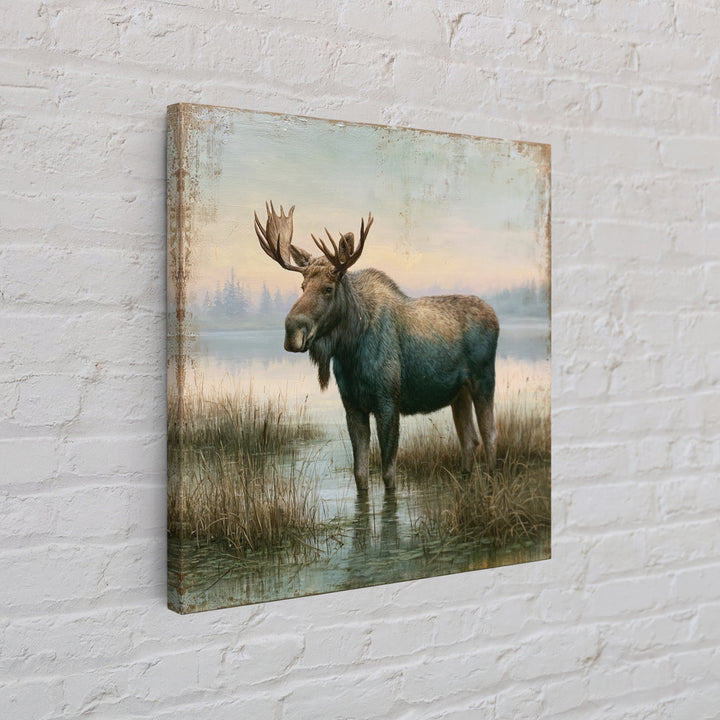 Moose Standing by a Quiet Lake Canvas Print, Rustic Art, Living Room Art, Farmhouse Decor, Watercolor Art, Rustic, RUS-1x1-9