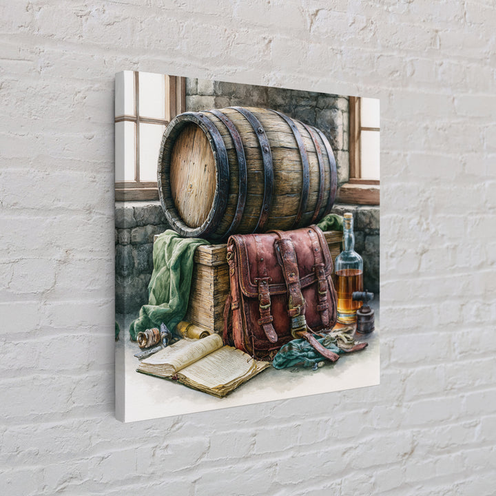 Whiskey Barrel and Leather Still Life Canvas Print, Rustic Art, Boho Decor, Farmhouse Decor, Fine Art, Rustic, Art Print, RUS-1x1-91