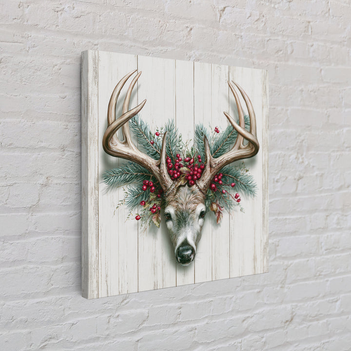 Deer Antlers with Pine Branches and Berries Canvas Print, Rustic Art, Statement Artwork, Farmhouse Decor, Fine Art, Rustic, RUS-1x1-98